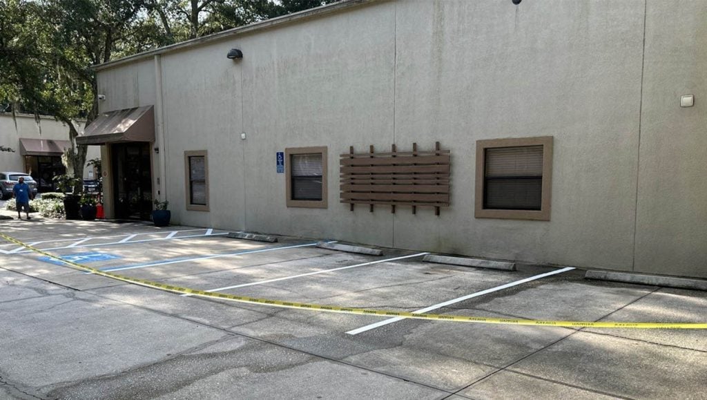 freshly painted crosswalk for Lakeview Health Center
