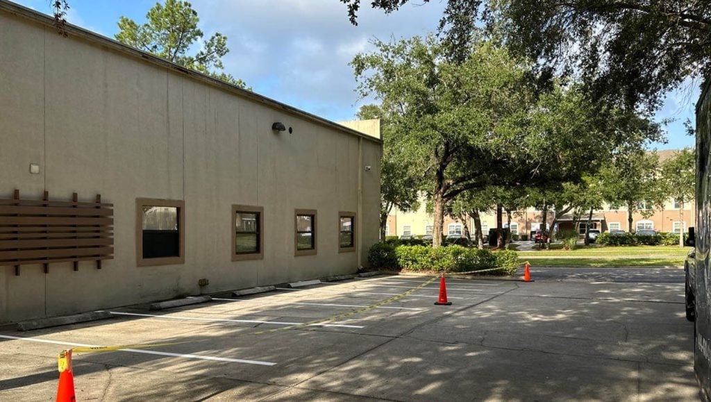 Lakeview Health Center parking lot with freshly painted line markings