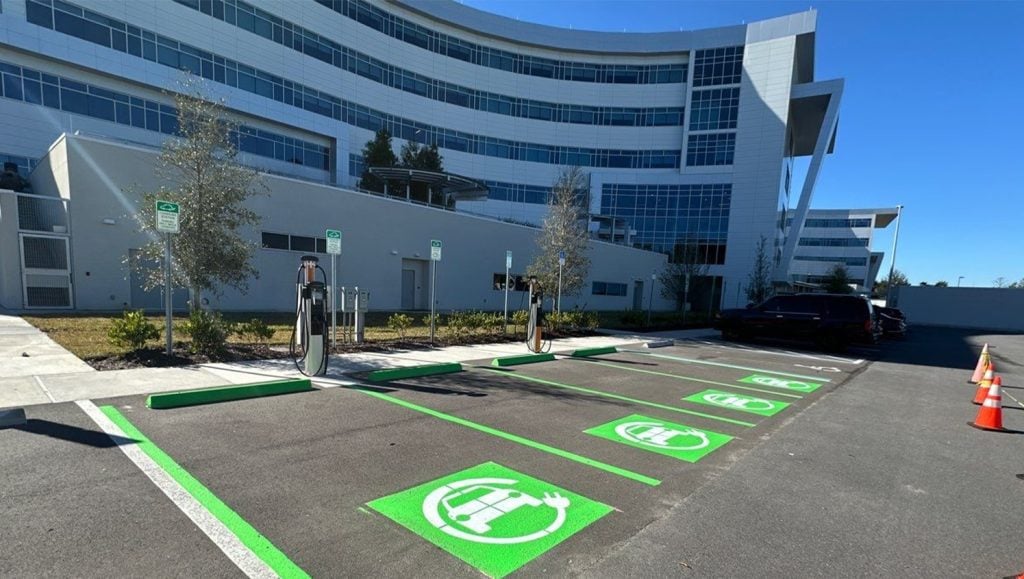 Florida Pave and UF Health parking lot with freshly painted ev charging station parking spots