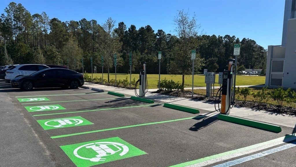close-up of ev charging station markings freshly painted for Florida Pave and UF Health