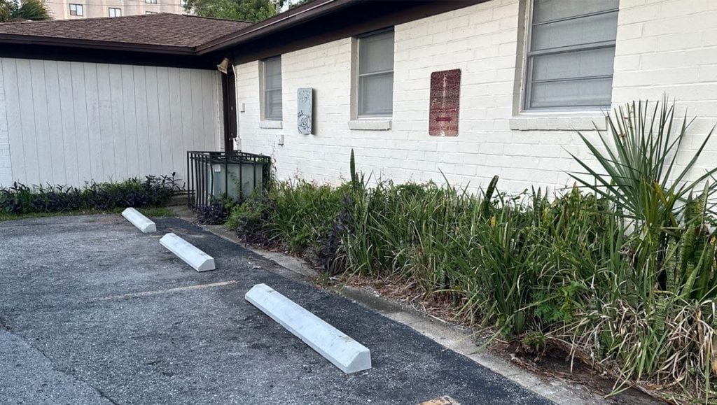 close-up of parking stops installed for Martin Smith parking lot
