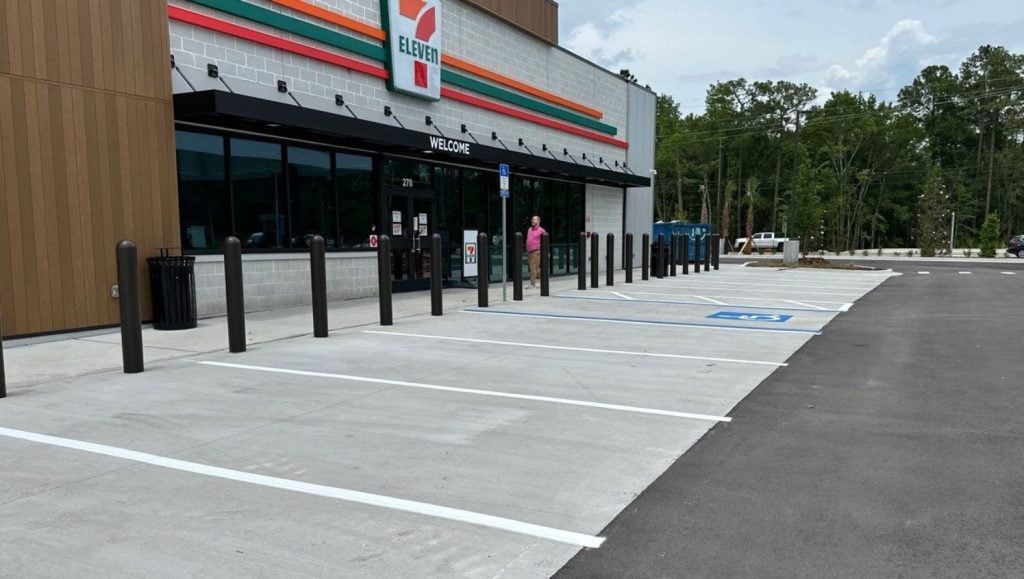 parking spots freshly painted for 7-11 parking lot