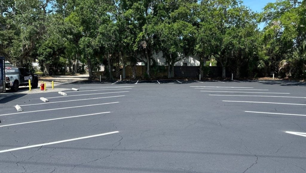 parking spots freshly painted for Brisky's BBQ parking lot