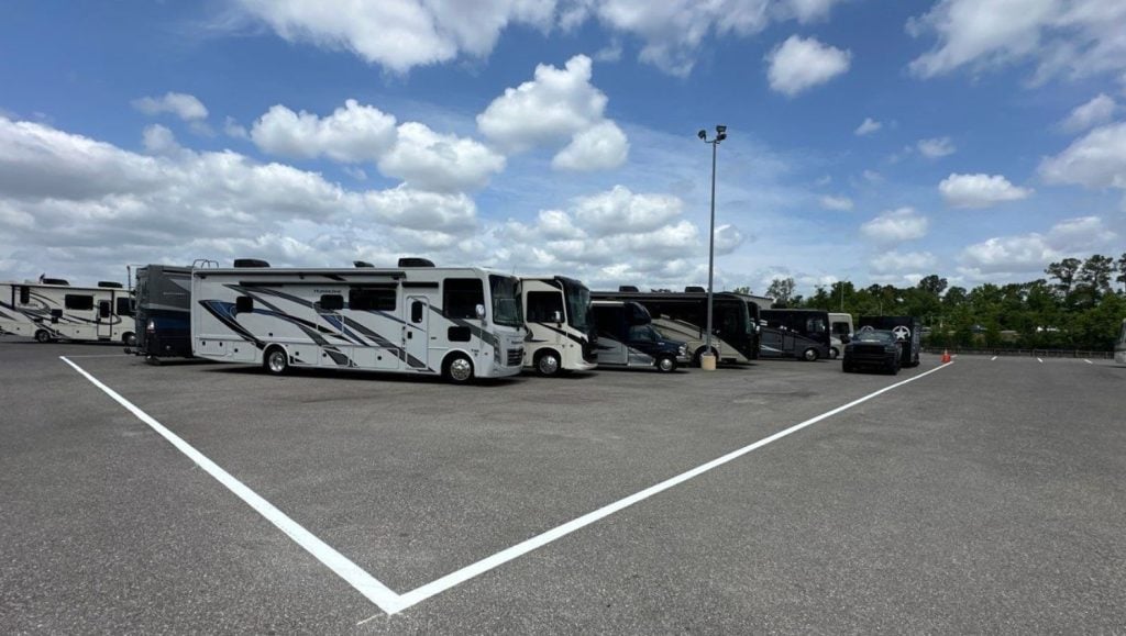 General RV parking lot with freshly painted line markings