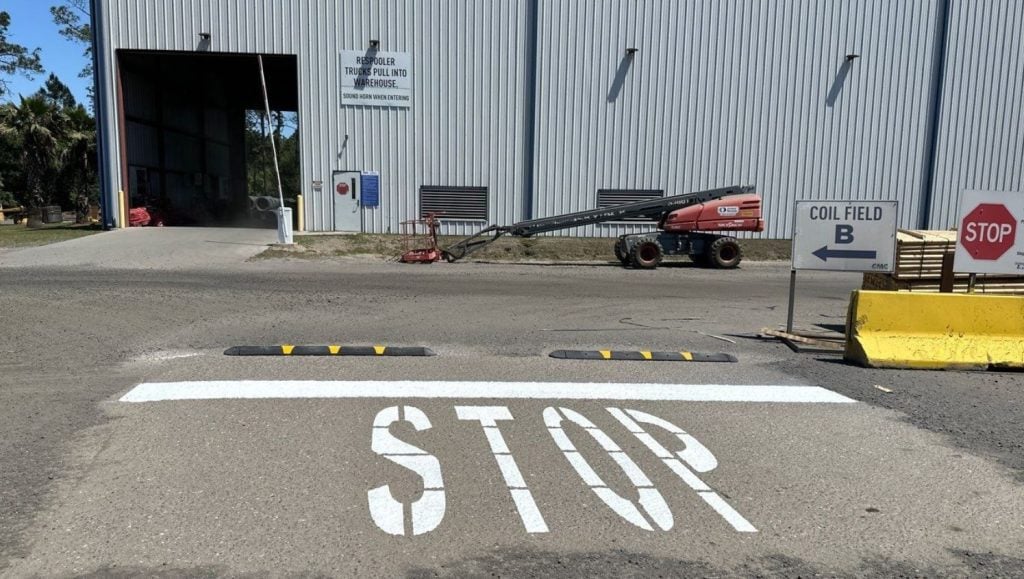 stop freshly painted for CMC Steel warehouse