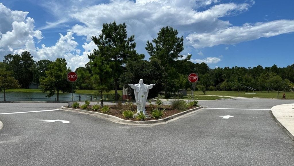 freshly painted line markings for St. Patrick Catholic Church parking lot