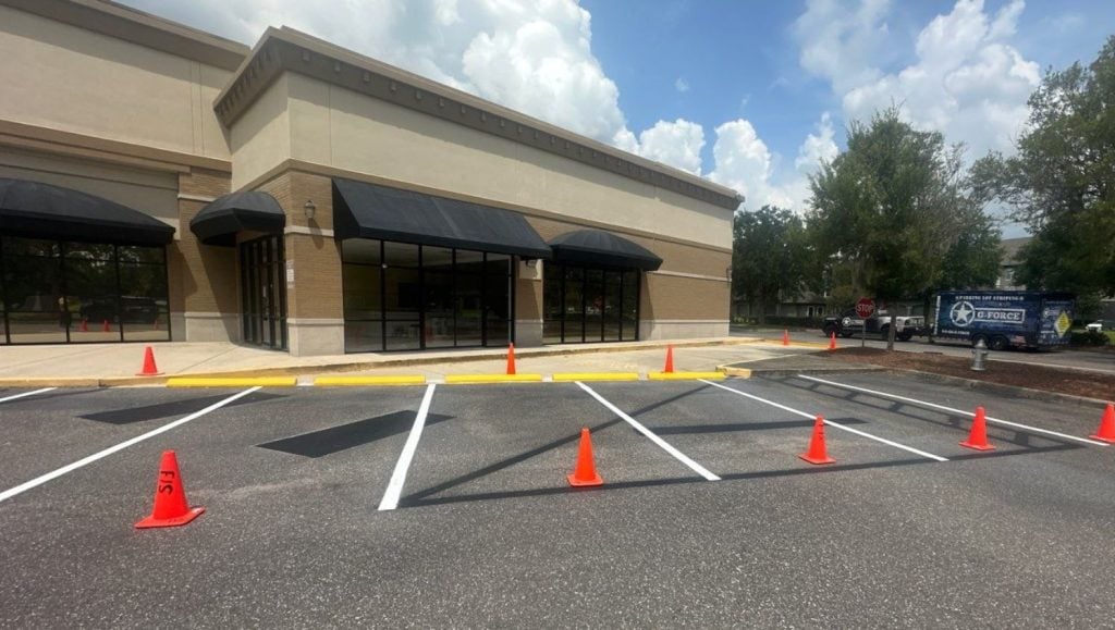 parking stops freshly installed for Flemming Island Village Square Plaza