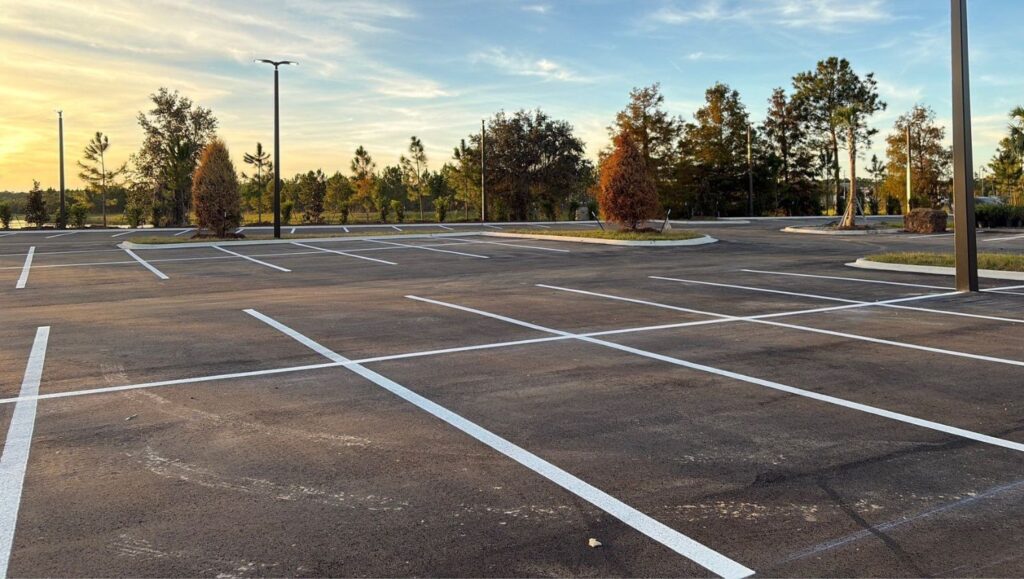 parking spots freshly painted for Fields Porsche parking lot
