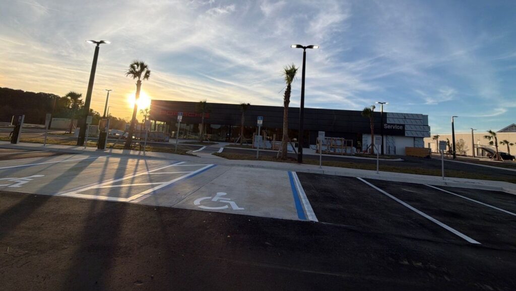 close-up front view of ada compliance parking spot freshly painted for Fields Porsche