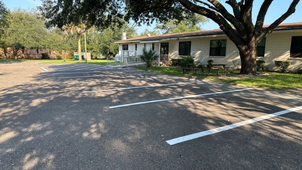 parking spots freshly painted for St. Paul Lutheran Church parking lot