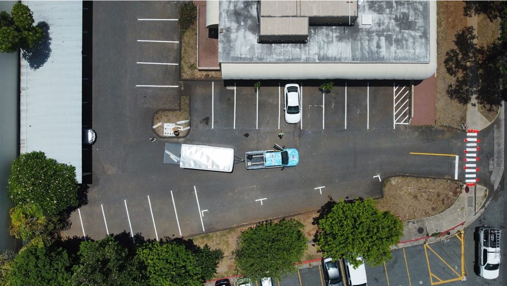 aerial view of crosswalk and parking lot striping in honolulu