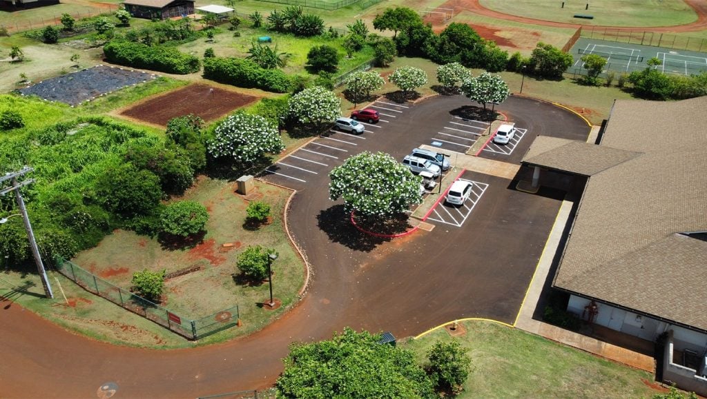 aerial view of Easterseals Hawaii parking lot with freshly painted line markings