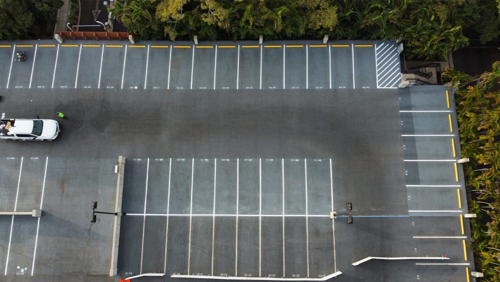 aerial view of Grand Wailea Beach Resort parking lot with freshly painted parking lot lines