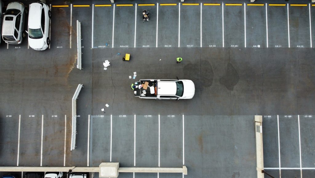 aerial view of whole parking lot with freshly painted line markings