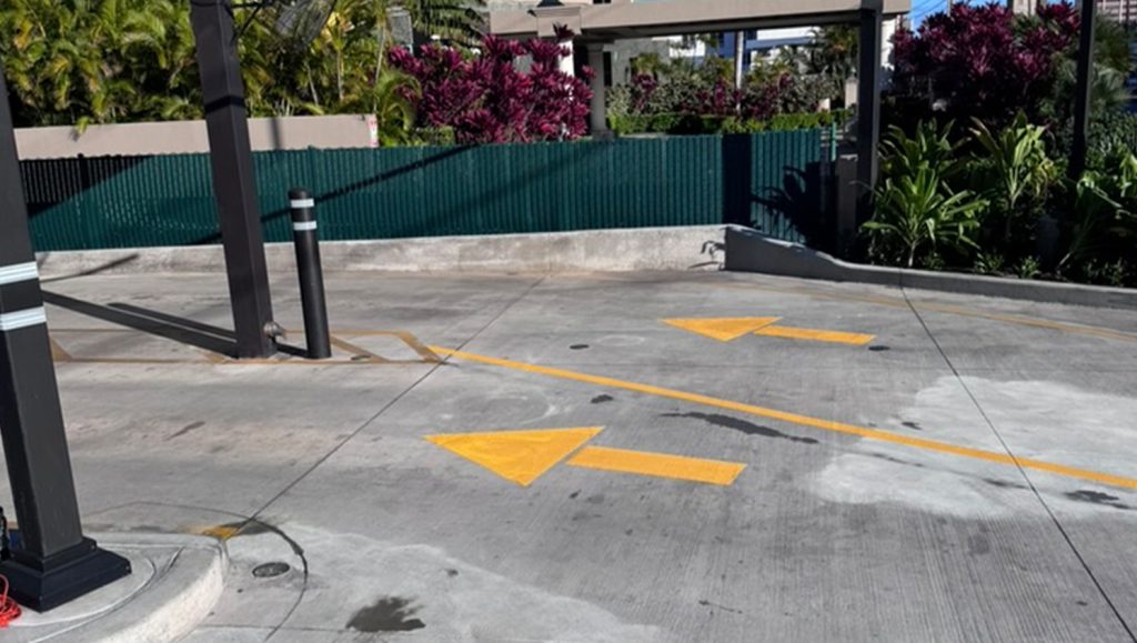Chick Fil A Makiki parking lot with freshly painted arrows