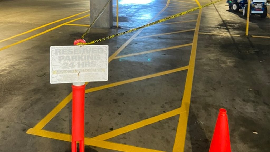 close-up freshly painted line markings for Diamond Parking parking garage