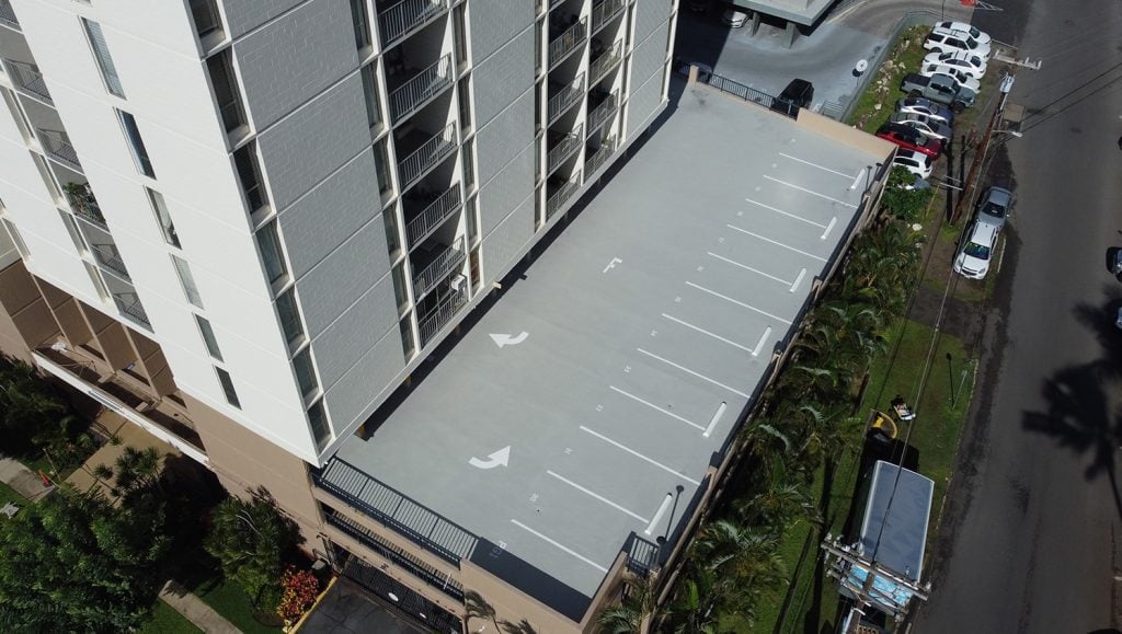 aerial view Parkland Gardens Condominium parking lot freshly painted