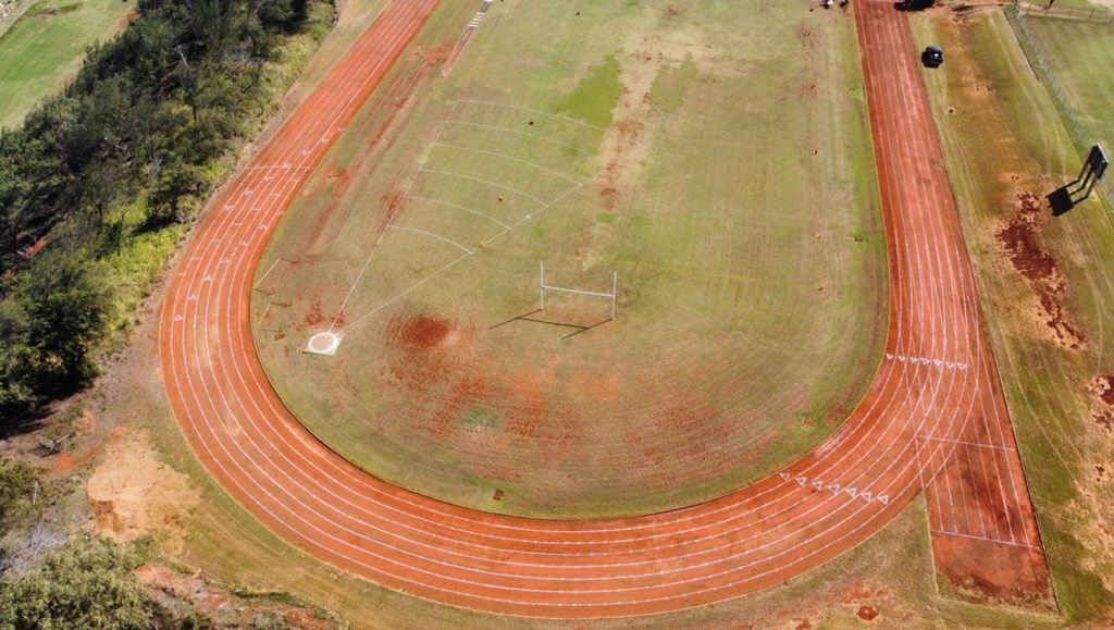 close-up of track field freshly painted for Kapa'a High School Athletics