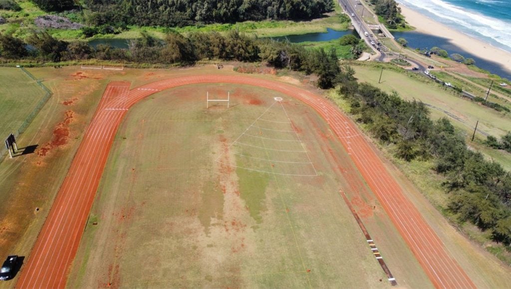 aerial view of Kapa'a High School Athletics track freshly painted