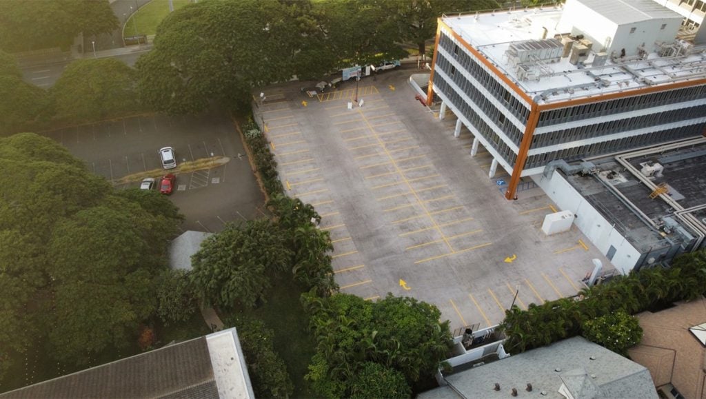 aerial view of Kapiolani Women and Children's Hospital parking lot with freshly painted line markings