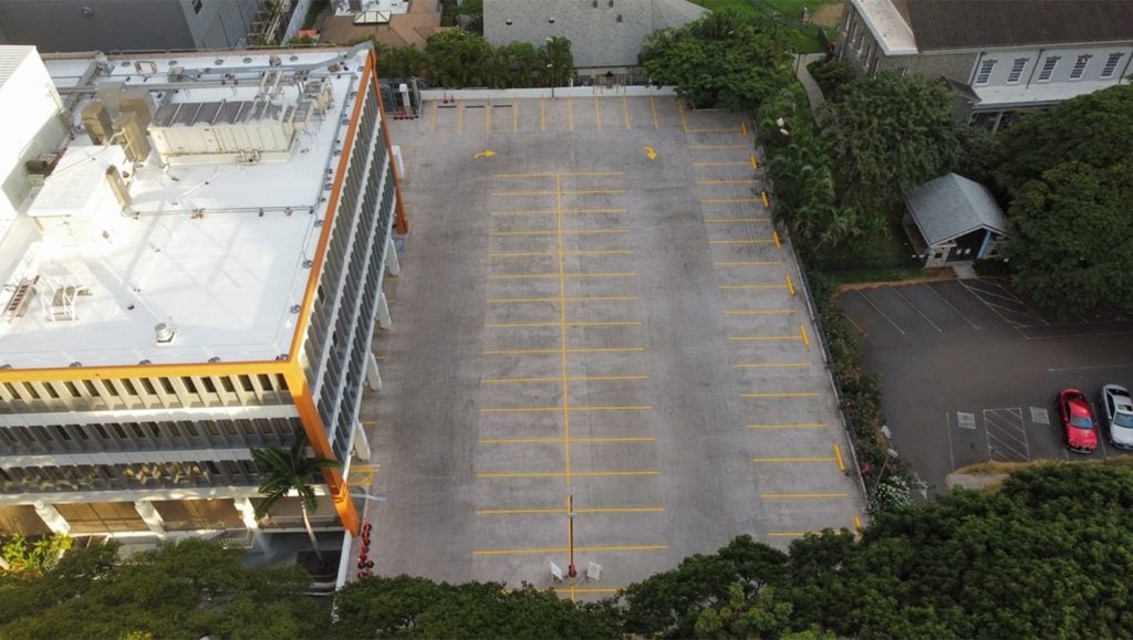 aerial view of Kapiolani Women and Children's Hospital parking lot freshly painted