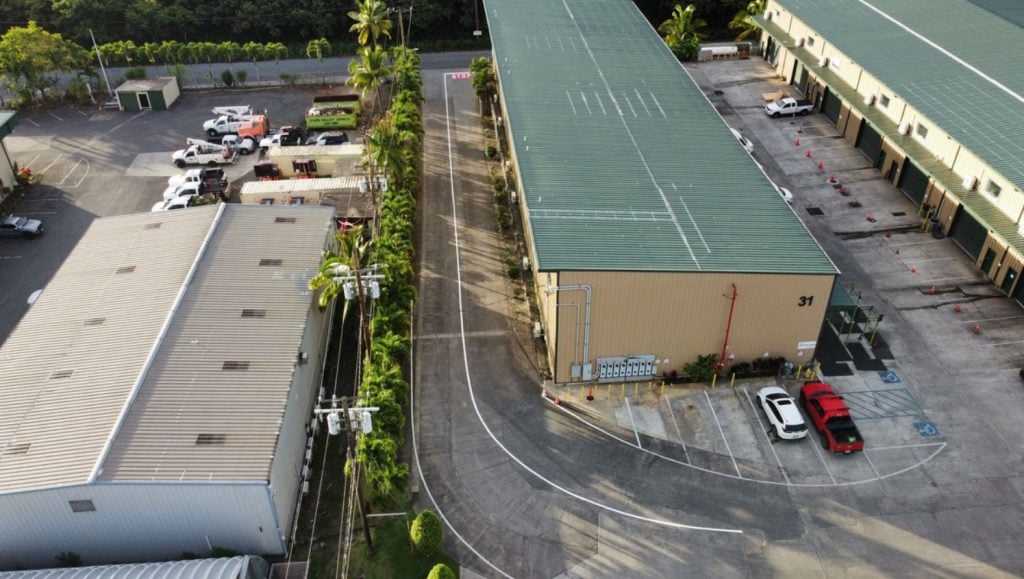 aerial view of Kapa'a Industrial parking lot with freshly painted line markings