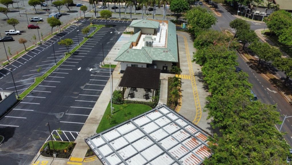 parking spots freshly painted for Chick-fil-A parking lot aerial view