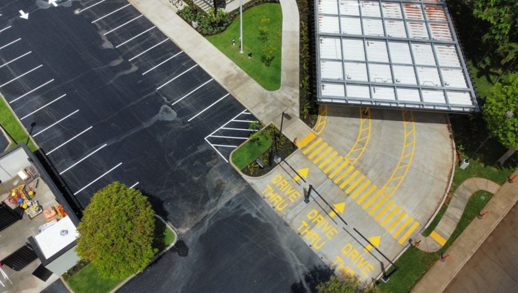 aerial view of Chick-fil-A parking lot with freshly painted line markings