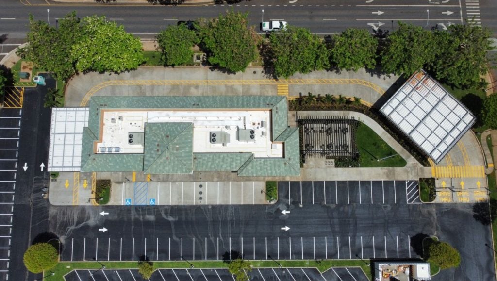 Chick-fil-A parking lot freshly painted aerial view