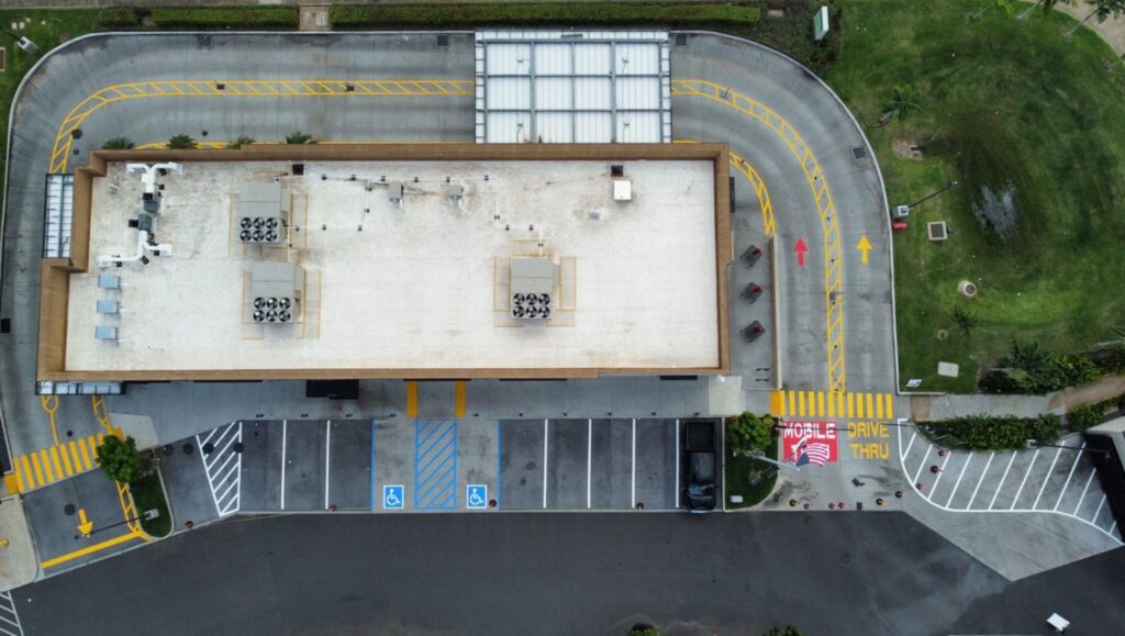 Chick Fil-A Kapolei Parkway parking lot freshly painted aerial view