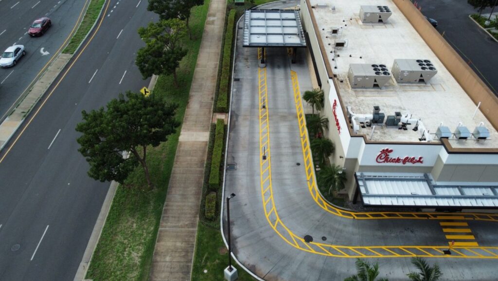Chick Fil-A Kapolei Parkway drive thru freshly painted aerial view