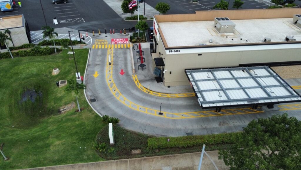 Chick Fil-A Kapolei Parkway drive thru freshly painted aerial view
