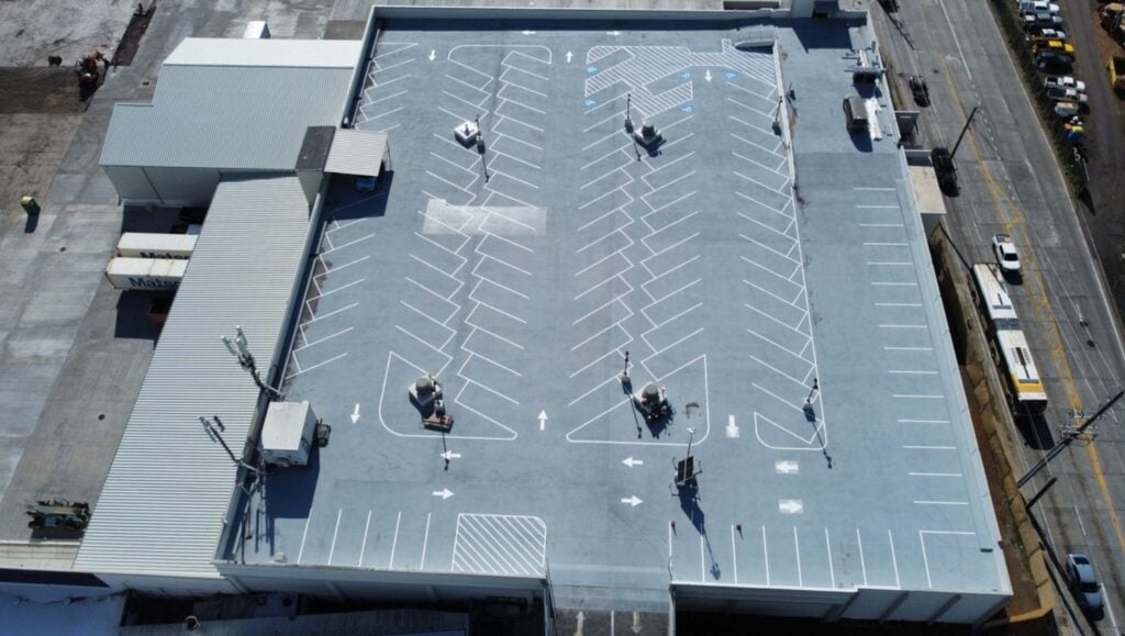 Honolulu Freight Company rooftop parking lot freshly painted aerial view