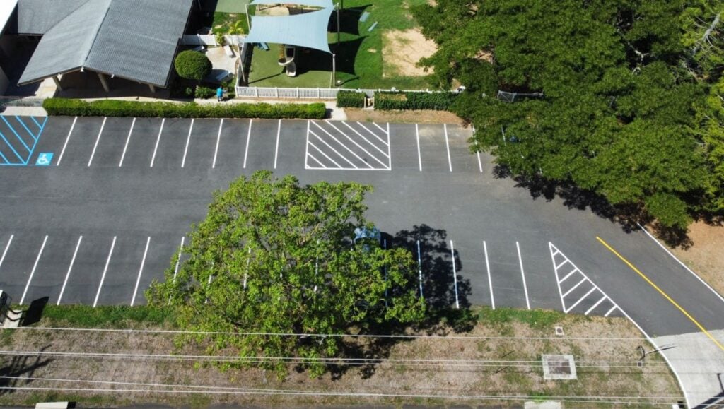 aerial view of St. John Lutheran Church parking lot freshly painted