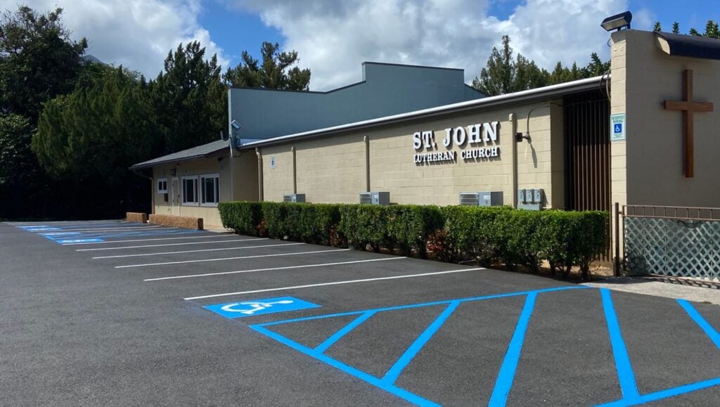 ada compliance parking spots freshly painted for St. John Lutheran Church parking lot