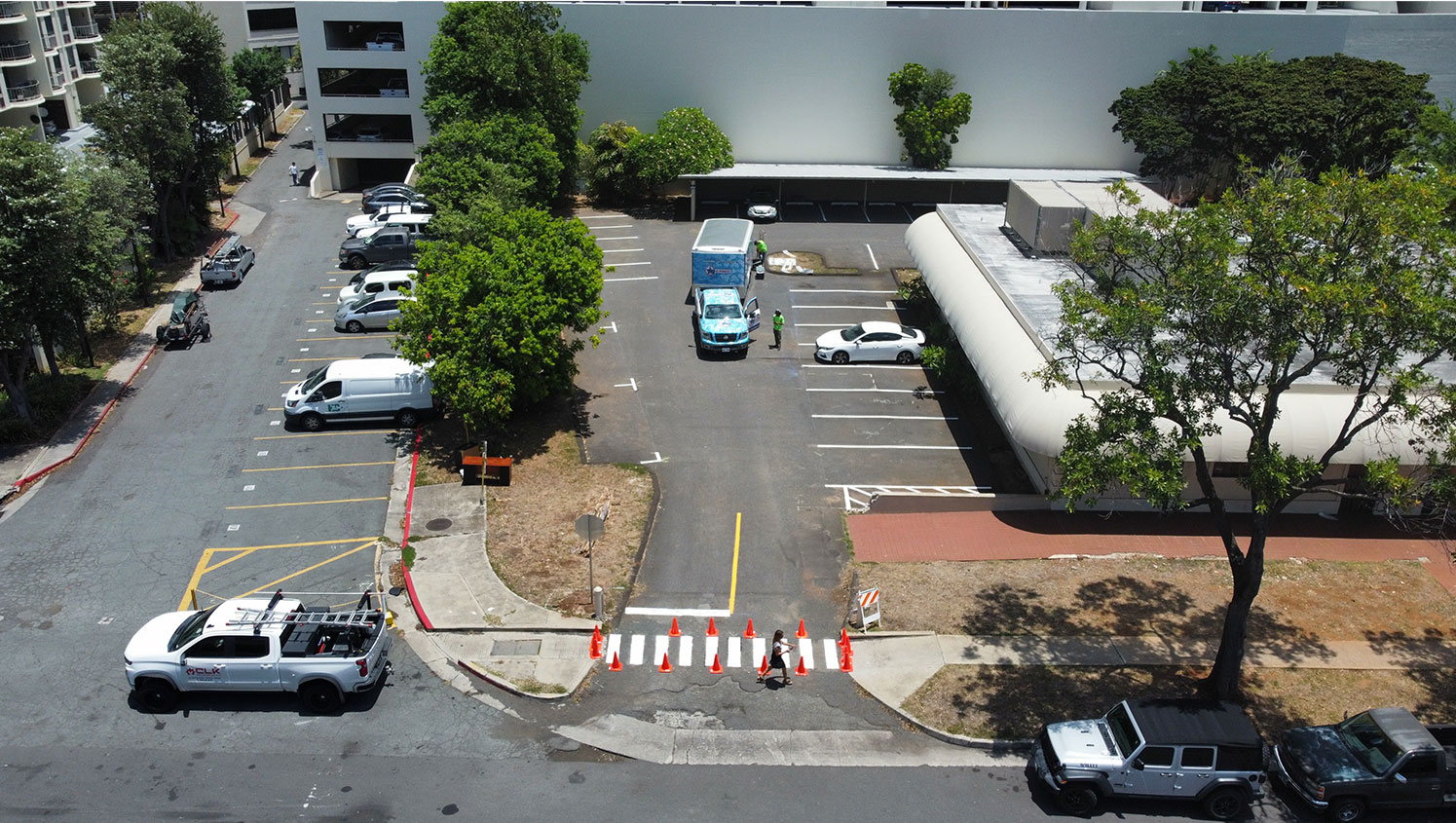 aerial view of crosswalk and parking lot striping in honolulu
