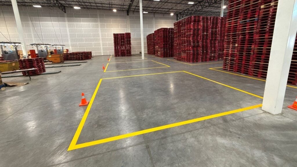 close-up of warehouse floor markings freshly painted for Propak