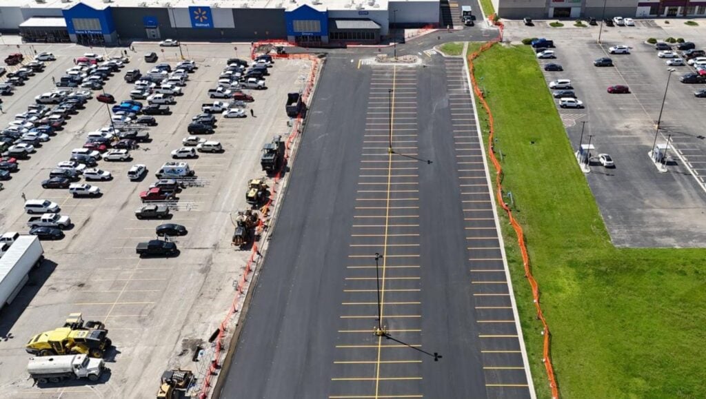 aerial view of Walmart parking lot freshly painted