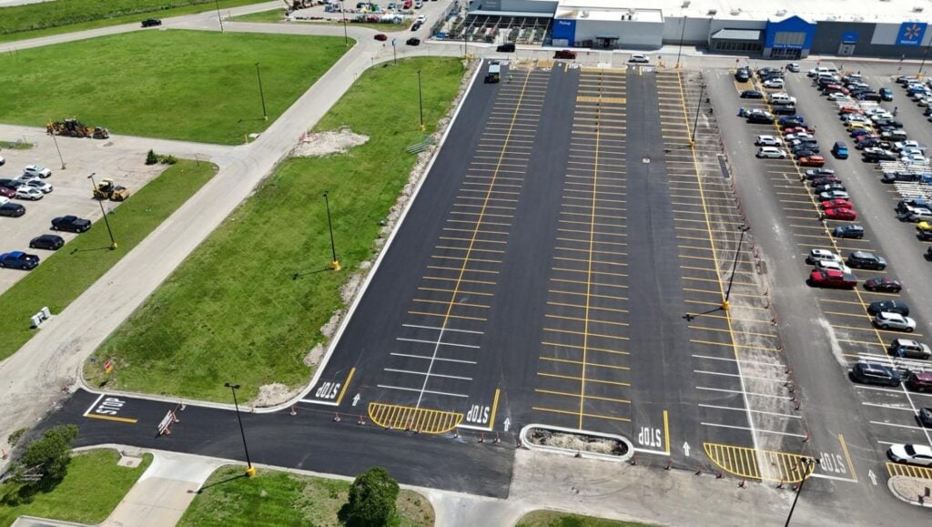 Walmart parking lot with freshly painted parking spots