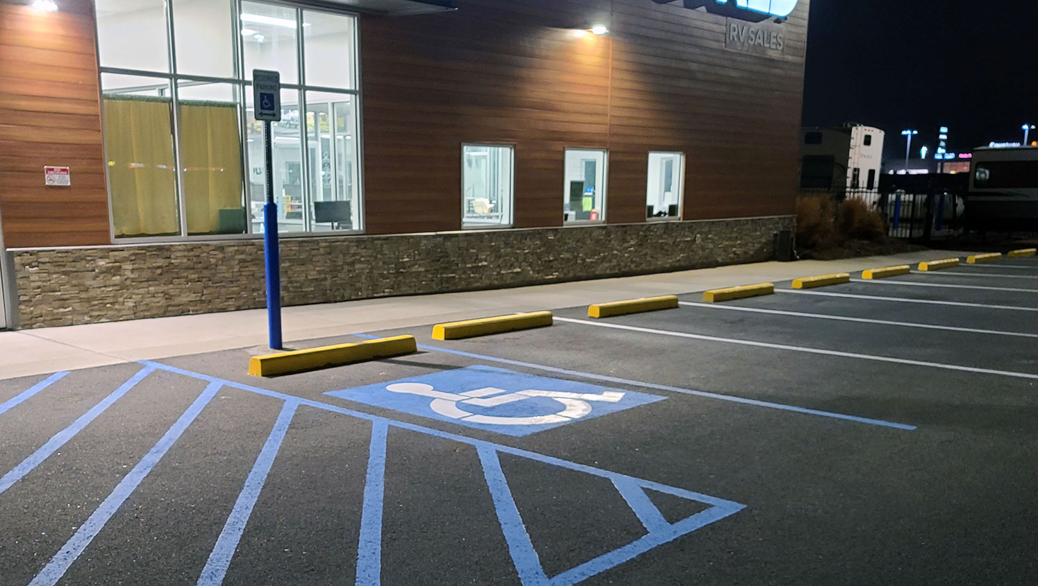 view of new ADA accessible stalls in front of Camping World in Breaux Bridge, LA