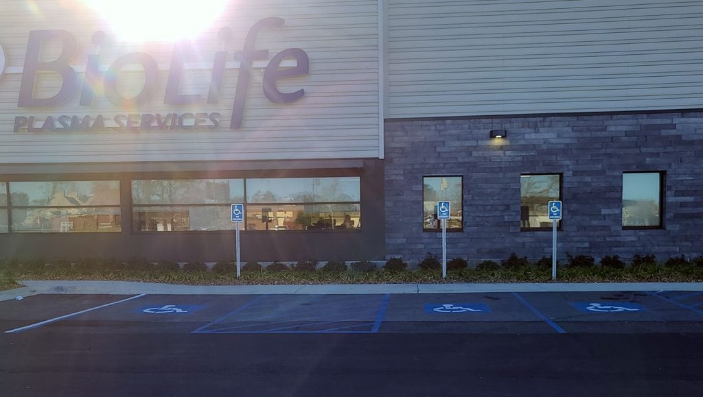 front view of BioLife Plasma Services new ADA accessible stalls