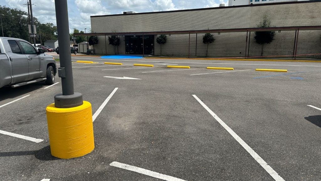 parking lot freshly painted for Heymann Performing Arts Center