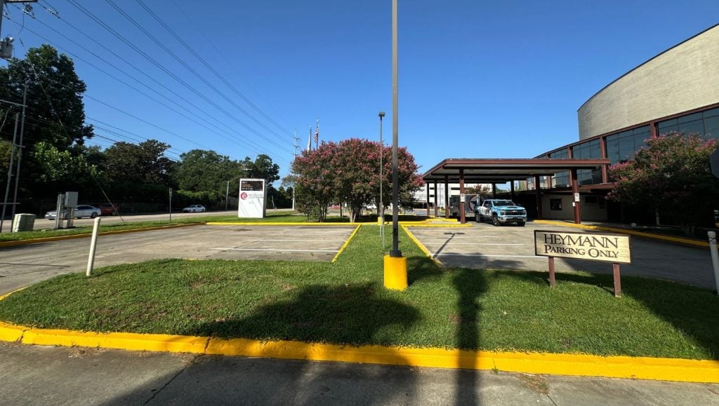 freshly painted parking lot for Heymann Performing Arts Center