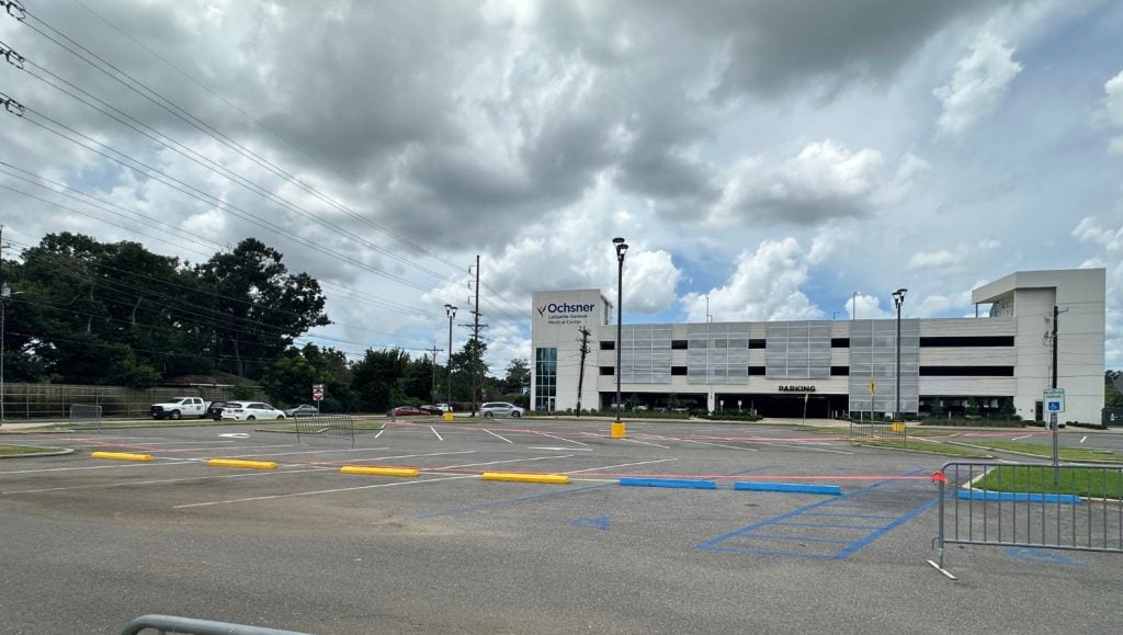 parking spots freshly painted for Heymann Performing Arts Center parking lot