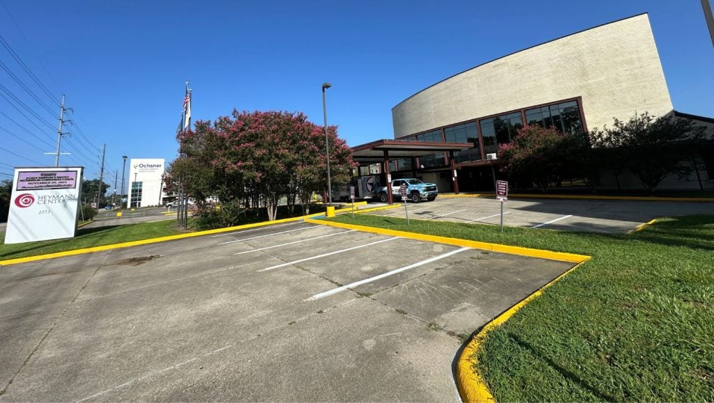 close-up of parking spots freshly painted for Heymann Performing Arts Center parking lot