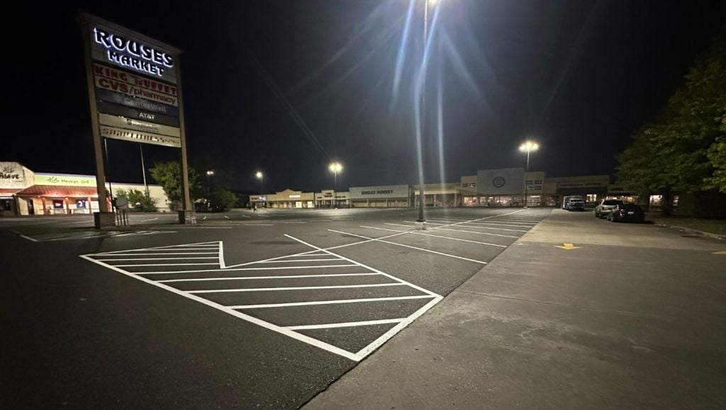 crosswalk freshly painted for Rouses’s Market parking lot