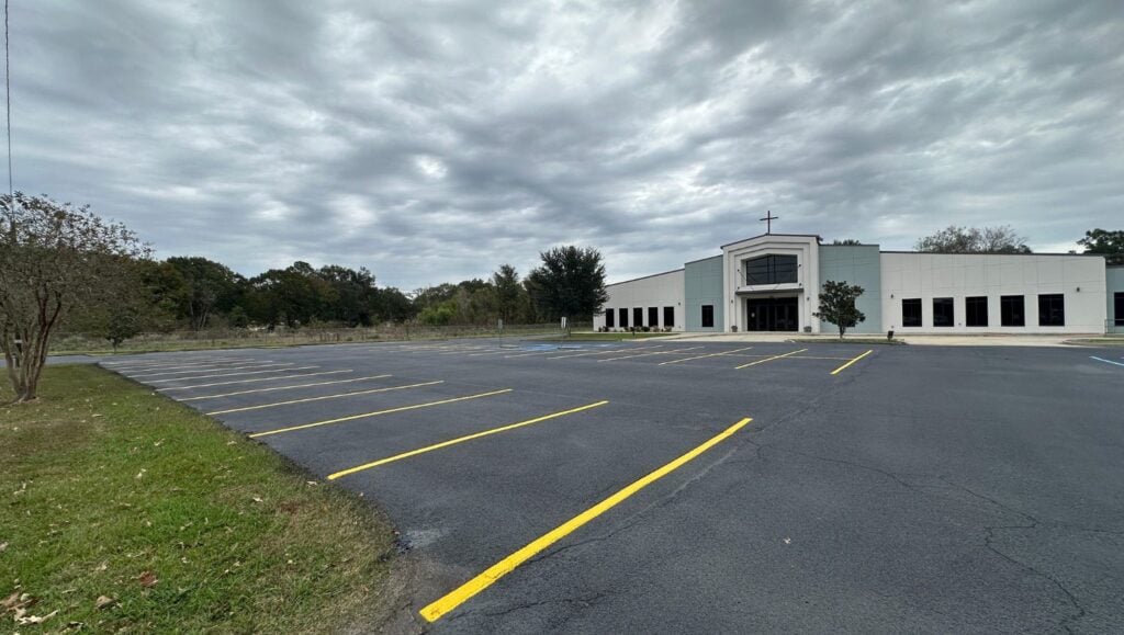 Vineyard Church parking lot freshly painted with line markings
