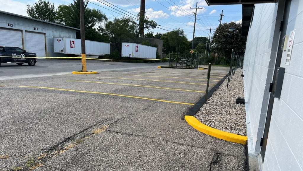 hood container parking lot with freshly painted parking lot lines