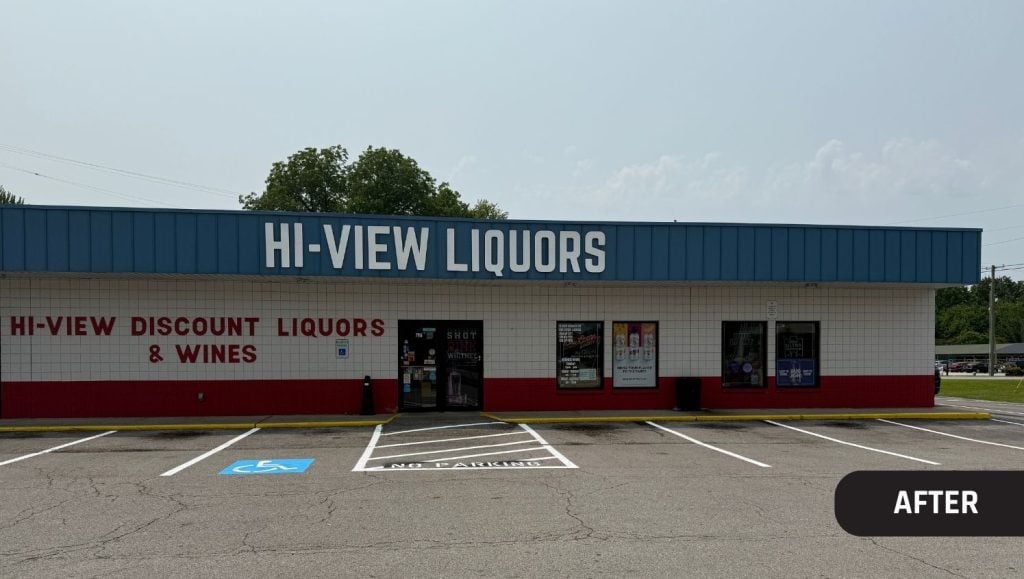 front view of Hi-View Shopping Center parking lot freshly painted