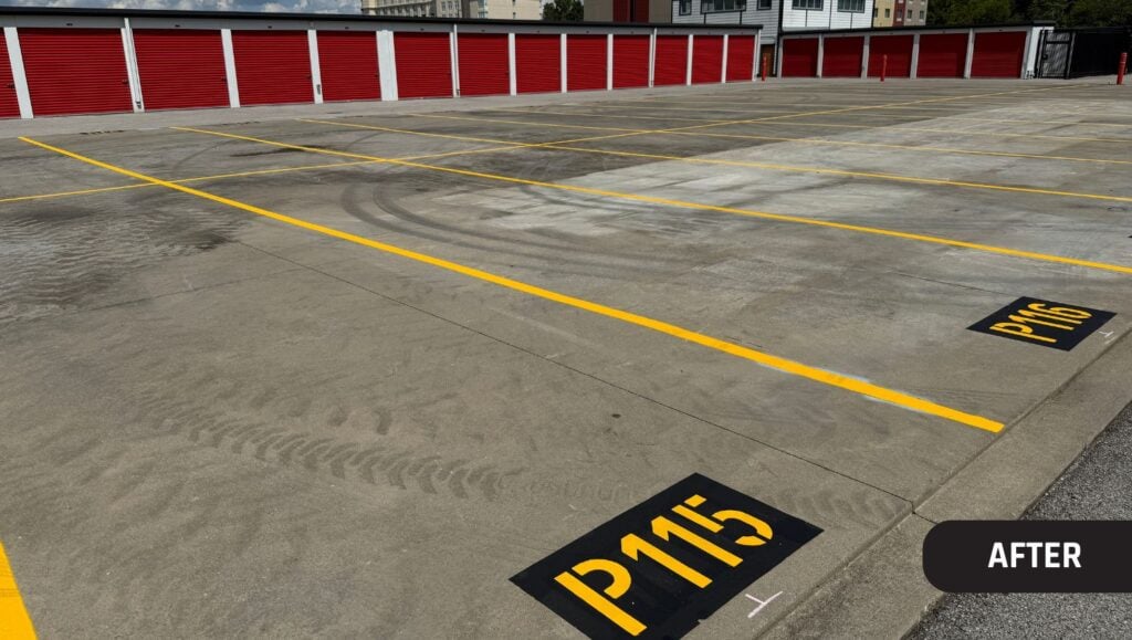 parking spots freshly painted for Public Storage